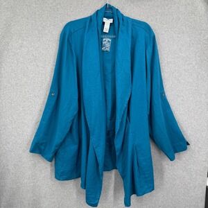 Soft Surroundings Teal Blue 100% Linen Drape Front Cardigan Kimono Jacket  3X